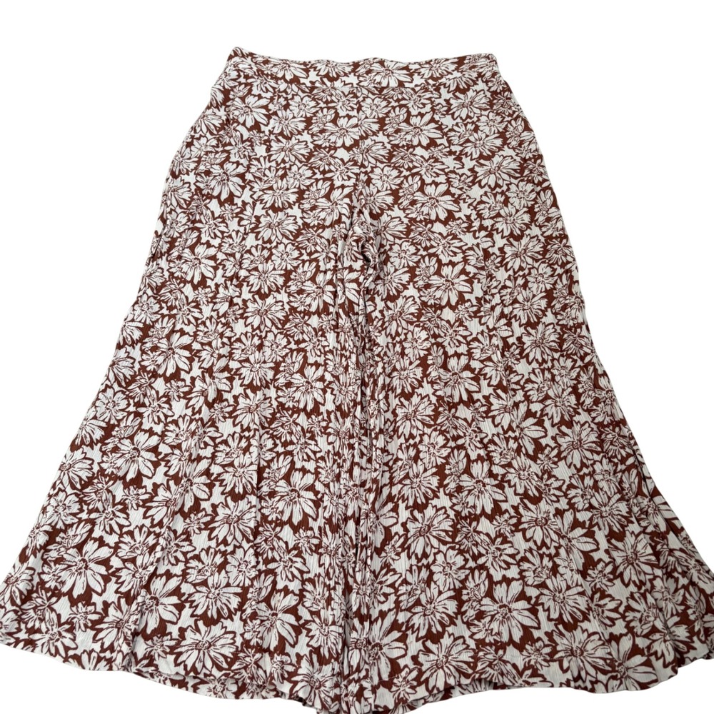 Becool Brown White Floral Wide Leg Pants‎ Womens Large High Rise Rayon Boho